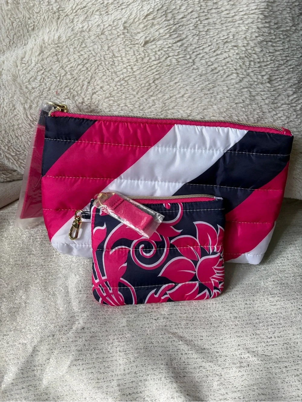 NWT Estée Lauder 2-Piece Puffy Quilted Cosmetic Bag Set – Pink & Navy Floral